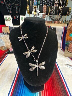 Silver Dragonfly Statement Necklace Asymmetrical Three Dragonflies Boho